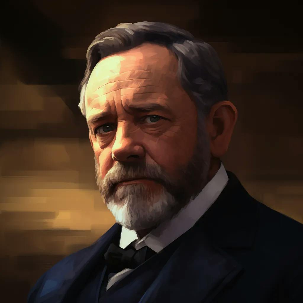 Das Bild zeigt eine Illustration von Louis Pasteur, erkennbar an seinem Bart und der Kleidung des späten 19. Jahrhunderts. Er wirkt nachdenklich und sein Blick ist direkt auf den Betrachter gerichtet.