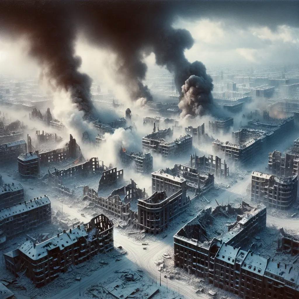 Das Bild zeigt die zerstörte Stadtlandschaft von Stalingrad im Winter, mit Rauch, der aus den Ruinen aufsteigt. Eingestürzte Gebäude und Trümmer bedecken den verschneiten Boden.