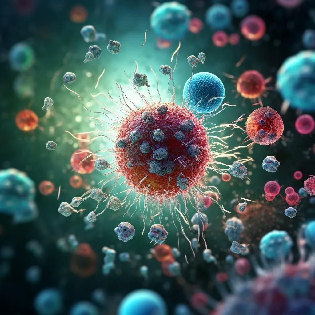 A microscopic view of the smallpox virus invading a human cell, digital 3D rendering, clinical overhead LED lighting, a palette of clinical blues and cyans, close-up with a scientific virtual lens to show the interaction at molecular level