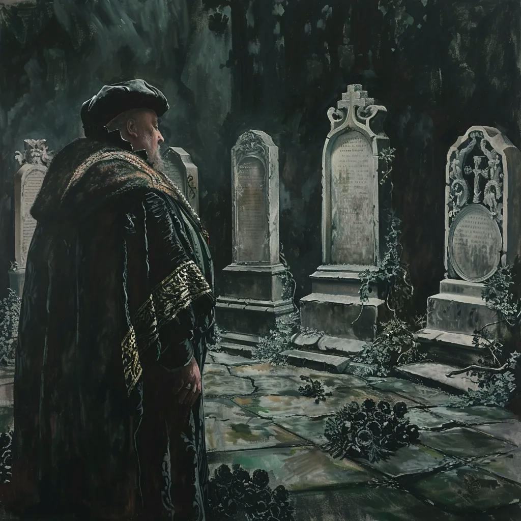 Henry VIII standing solemnly in the center, surrounded by six solemn stone memorials for each of his wives, oil painting, soft, ethereal lighting highlighting the sorrowful expression on Henry's face, a muted color palette of greys and dark greens, close-up shot with a 50mm lens capturing the emotional weight of the scene